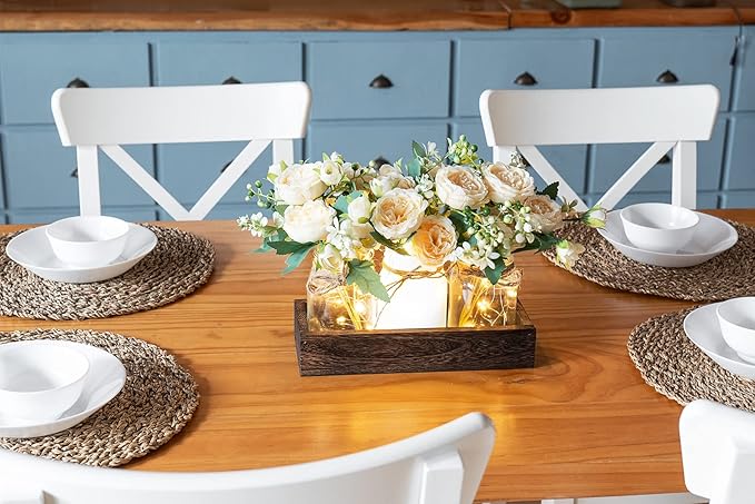Mkono Mason Jar Lights Centerpiece Table Decor for Dining Room Farmhouse Wood Tray with 3 Jars Flowers Fall Decoration for Coffee Table Kitchen Living Room Wedding