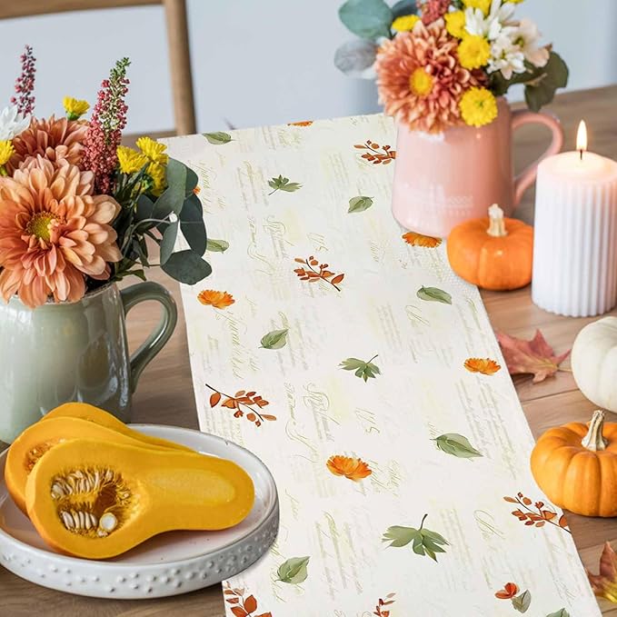 Fall Wildflowers Cotton Linen Table Runner for Dining Kitchen, Thanksgiving Pumpkin Outdoor Party Rustic Tablerunners Decoration, Botanical Floral Vintage Dresser Scarf Tablecloth Runners 13x90 Inches