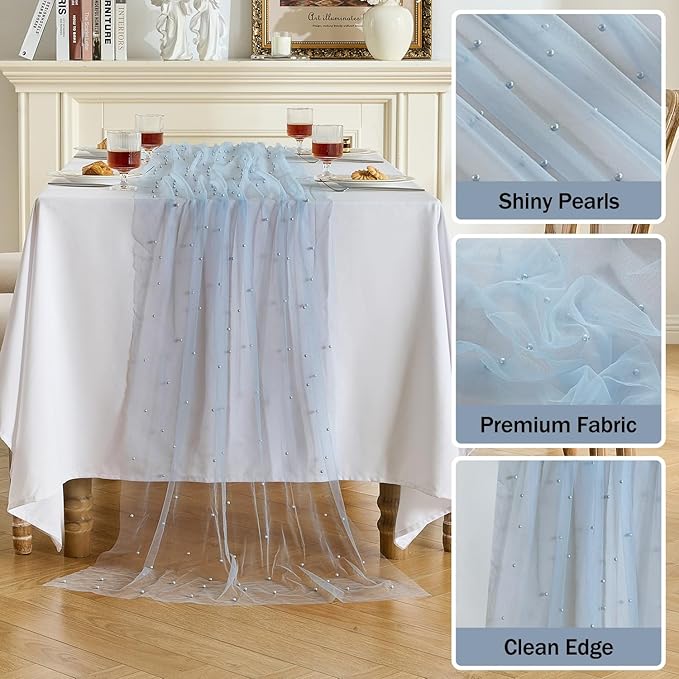 Fanami 6 Pack Pearl Table Runner -10FT Dusty Blue Boho Tulle Table Runners 120 Inches Long Rustic Sheer Lace Fabric Centerpieces for Wedding Arch Birthday Party Bridal Veil Baby Shower Decorations
