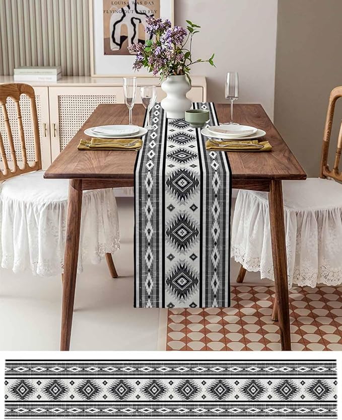 Aztec Southwest Cotton Linen Table Runner for Dining Kitchen, Wedding Outdoor Party Tablerunners Decoration, Boho Ethnic Tribes Vintage Grey Dresser Scarf Coffee Tablecloth Runners 13x60 Inches