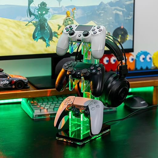 OAPRIRE Controller Holder Headset Stand with Lights, 3 Tier Acrylic Gaming Controller Stand for PS4, PS5, PC, Switch, Universal Design (Black)