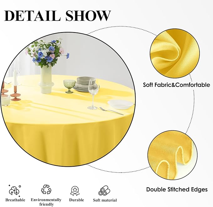 Round Tablecloth 132 Inch 6 Pack Yellow Tablecloths Washable Decorative Linen Polyester Table Clothes Cover for Dining Table Banquets Buffet Parties and Wedding