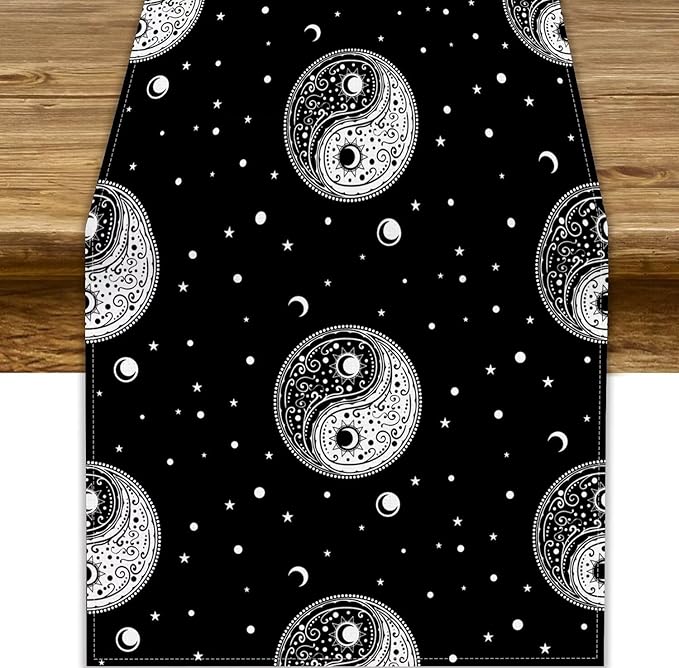 Mystical Celestial Table Runner, Vintage Bohemian Black Yin Yang Symbol Moon Stars Print Table Runner for Office Kitchen Dining Wedding Party Home Coffee Table, 13x36inch