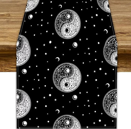 Mystical Celestial Table Runner, Vintage Bohemian Black Yin Yang Symbol Moon Stars Print Table Runner for Office Kitchen Dining Wedding Party Home Coffee Table, 13x108inch