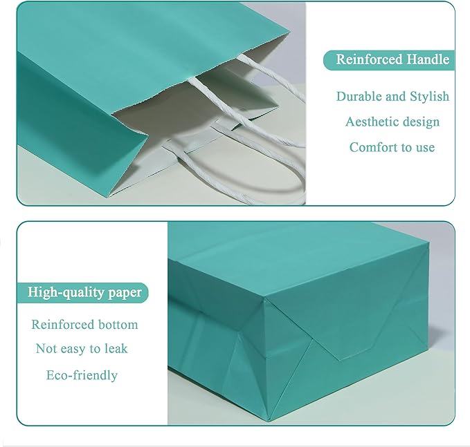 25 PCS Small Gift Bags Teal Blue Kraft Paper Bags Turquoise Gift Bags with Handles for Party Favors (8.2 x 6 x 3.1 In)