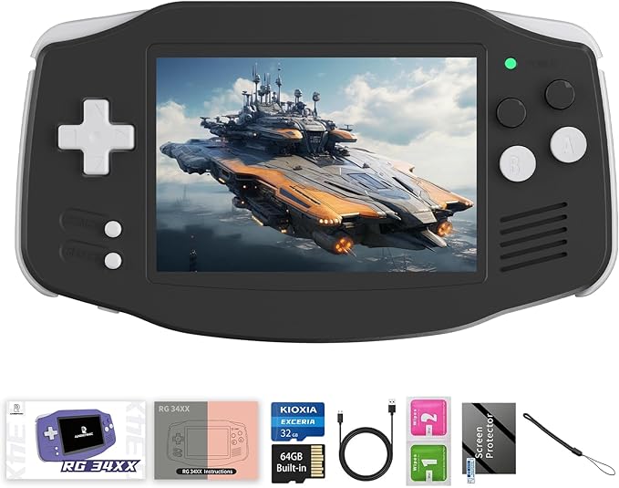 RG34XX Retro Handheld Game Consoles RG34XX Classic Retro Gaming Console 32+64G Card Preloaded Games 5000+ rg34xx Portable Gaming Console Linux 64-bit 3500mAh Battery WiFi Bluetooth HD and TV Output Black