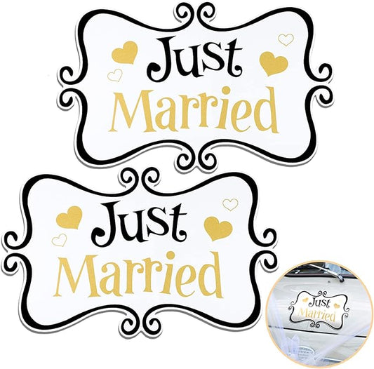 2 Pcs Large Just Married Car Decorations Just Married Car Magnets Sign Decoration 13.9 x 8.8 Inch Honeymoon Rear Tailgate Magnet Stickers for Wedding Door Panel Refrigerator(Black and Gold)
