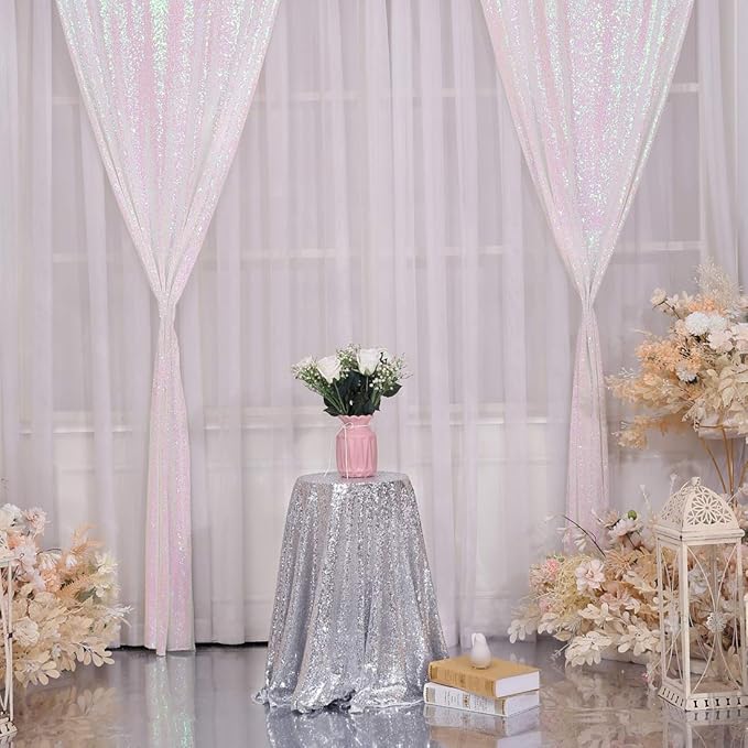 Juya Delight White Iridescent Backdrop Curtain, Sequin Photography Backdrop Curtain for Wedding Party Decoration Festival Ceremony,White Iridescent,2ftx8ft,2 Panels
