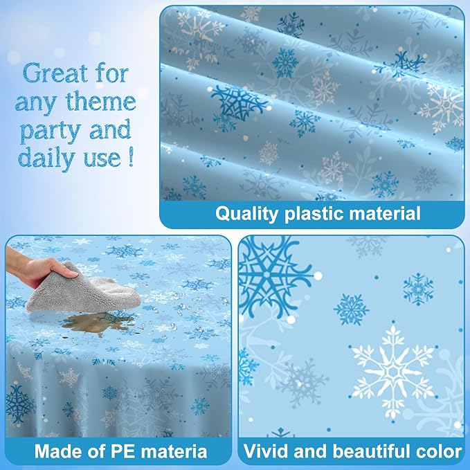 12 Pcs Christmas Snowflake Plastic Party Tablecloth Decorations,Disposable Light Blue Snowflake Round Table Cover Backdrop for Winter Onederland Christmas Holiday Party Supplies,84 inch (Light Blue)