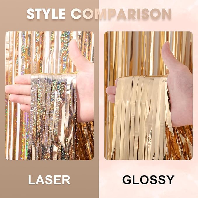2 Pack Champagne Gold Tinsel Foil Fringe Curtains, Champagne Party Decorations, Metallic Tinsel Party Streamers Backdrop for Birthday Baby Shower Graduation Wedding Party Decorations