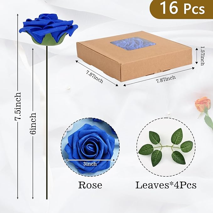 BLEUM CADE 16Pcs Artificial Flowers Fake Roses with Stems, Royal Blue Boxed Foam Roses for DIY Bouquets Centerpieces Wedding Party Arrangement Bridal Shower Decor