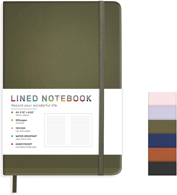 Lined Journal Notebook for Women Men, 200 Pages A5 Hardcover Leather Journals 5.7” x 8.3”, A5 College Ruled Notebooks with 100 GSM Thick Paper for Writing,Travel,School,Office,Work,Business(Green)