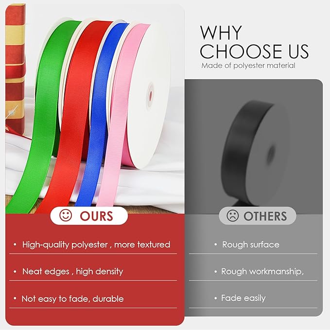 100 Yards 5/8 inch Grosgrain Ribbon, Solid Color Fabric Ribbon Perfect for Gift Wrapping, Wedding, Handmade Bows, Floral Bouquets and Party Decoration(red)