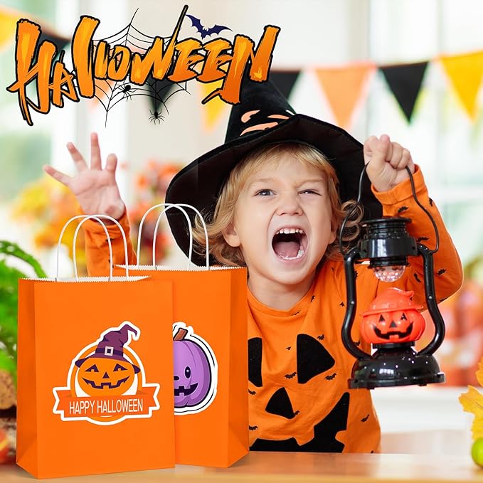 BagDream 8x4.25x10.5 Inch 100Pcs Orange Gift Bags Medium Size, Kraft Paper Bags with Handles Bulk for Halloween, Sporting Party Favors, Fall Festivals, Wedding, Retail, Grocery