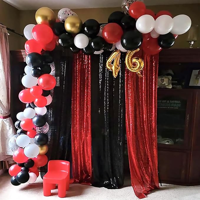 Sequin Backdrop Curtain 4 Panels 2FTx8FT Glitter Background Drapes Black and Red Sparkle Photography Backdrop for Party Wedding Birthday Wall Decoration