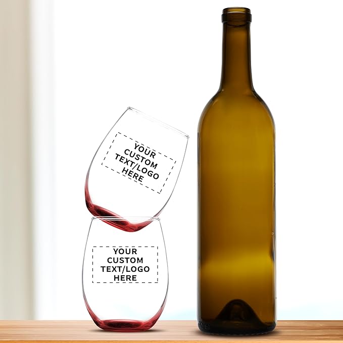 Custom Stemless Wine Glass 9 oz. Set of 100, Personalized Bulk Pack - Great for Wedding Favors, Bachelorette Party Decorations, Party Favors, Color Bottom - Red