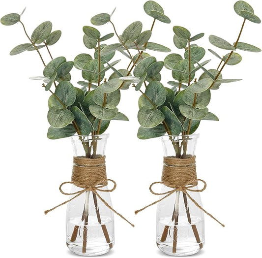 2 Pack Artificial Eucalyptus Stems in Glass Vase Decorative Greenery Artificial Plant with Double Sided Green Eucalyptus Leaves for Home Office Decor (Green-2Pcs)