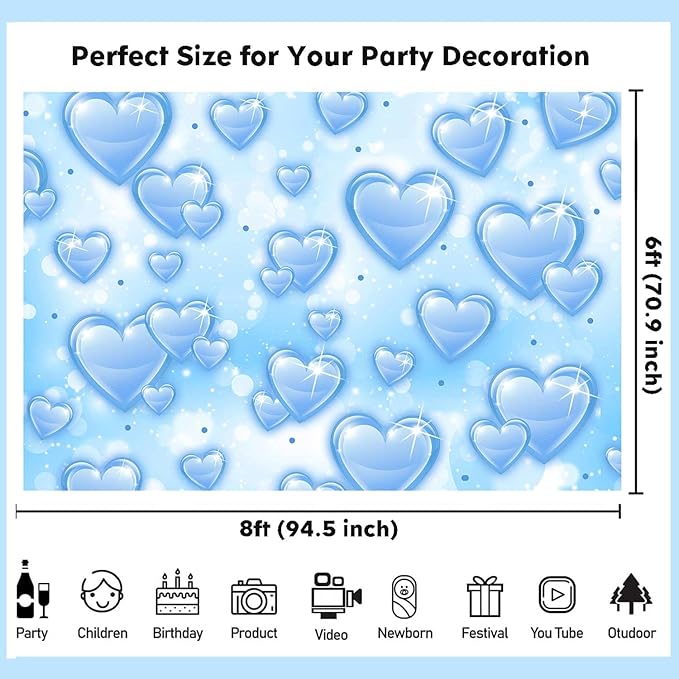 Sensfun 8x6ft Light Blue Heart Backdrop Early 2000s Party Decorations Old School Backdrops Valentines Day 90s Hearts Y2K Birthday Party Banner Newborn Photography Background Selfile Photo Booth Props