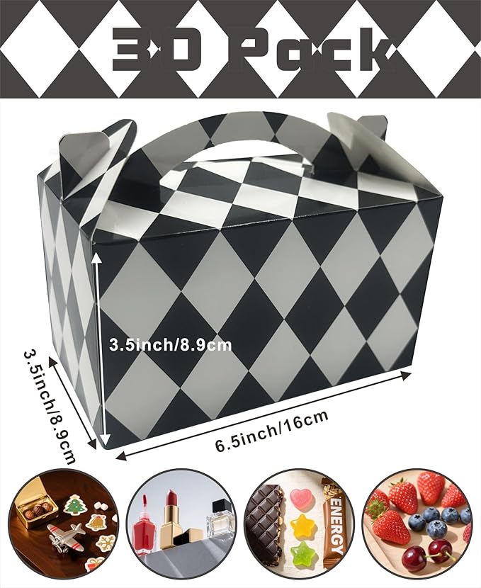 30-Pack Gable Treat Boxes with Handles, 6" Pop-Up Party Favor Gift Boxes for Birthday,Wedding,Baby Shower, Eco-Friendly Candy,Cookie,Goodie Bags for Kids, Bachelorette Decor(Black and White)