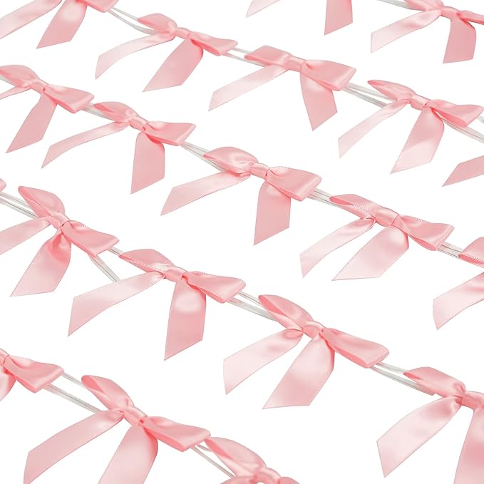 AIMUDI Baby Pink Satin Ribbon Twist Tie Bows 2.5" Light Pink Pretied Bows Premade Craft Bows for Treat Bags Cake Pop Gift Wrapping Basket Wedding Favors Cookie Candy Bagging Baby Shower - 50 Counts