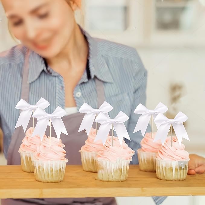 24 PCS Bow Cupcake Toppers Bowknot Cake Toppers Bow Cupcake Picks Bowknot Birthday Party Decorations Bow Cake Dessert Picks for Wedding Bridal Engagement Baby Shower Birthday Party Supplies White