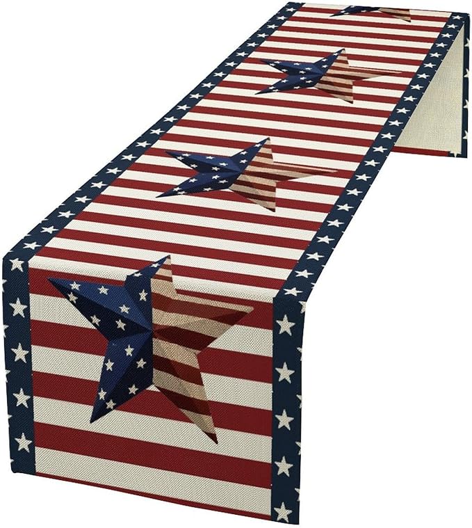 4th of July Table Runner, Patriotic Independence Day American Stars Stripes Flag Print Table Runner for Farmhouse Kitchen Dining Holiday Birthday Party, 13x90inch