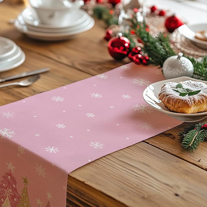 GEEORY Christmas Table Runner 13x48 Inch, Xmas Trees Snowflakes Holiday Decorative Farmhouse Table Decoration for Kitchen Dinning, Indoor Outdoor Dinner Party Decor (Pink) GT153-48