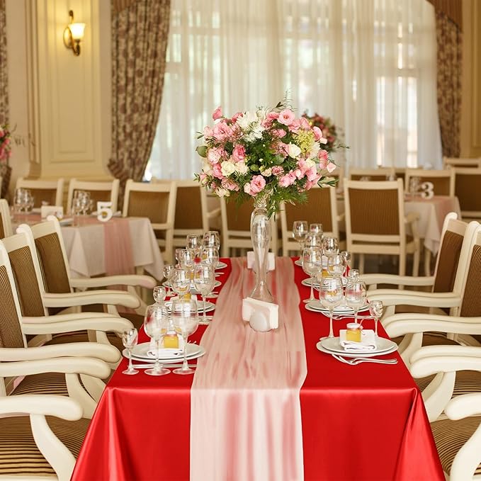 TURSTIN 4 Packs Satin Tablecloth 102 x 58 Inch Overlay Satin Table Cover Rectangle Bright Silk Tablecloth Smooth Fabric Table Decoration for Wedding Banquet Party Events, Red