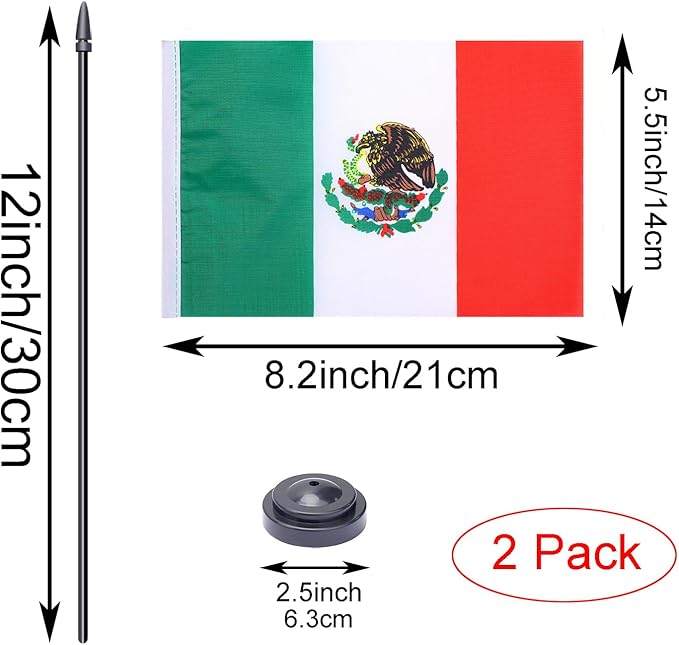 WXTWK 2 Pack Mexico Flag Mexico Deluxe Desk Flag Set - Mini Small Mexican Table Office Flags with Black 12" Solid Pole Stand Base Classroom Meeting Desktop Decorations