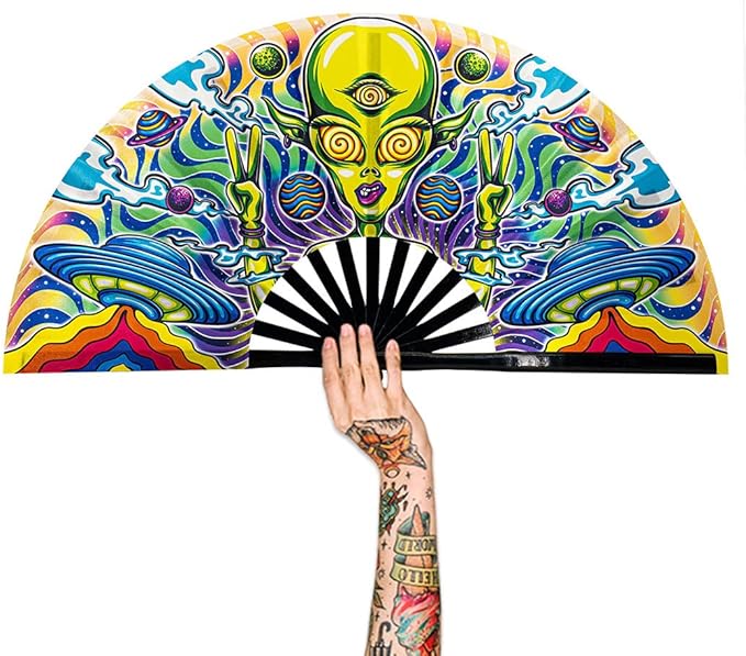 13" Large Rave Fan Bamboo, Folding Clack Hand Fans Foldable for Men Women, Boots on the Ground Poping Fan for EDM Festival Line Dance Decoration, (Alien, Large 13")