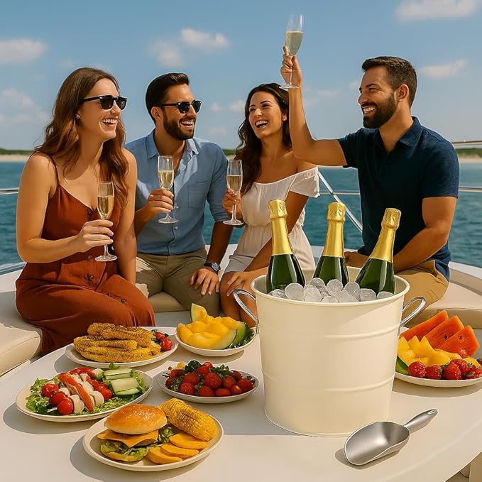 Insulated Ice Bucket with Lid Scoop Handle for Parties Cocktail Bar, 4L Round Mental Champagne Drink Wine Bucket for Drinks White