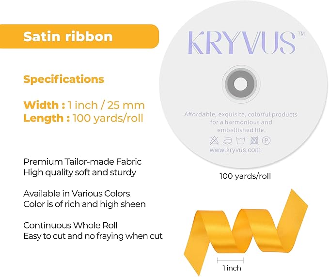 Yellow Satin Ribbon 1 inch X Continuous 100 Yards, Single Face Polyester Ribbon Perfect for Gift Wrapping, Flower Bouquet, Wedding Decor, Crafts, Bow Making, Sewing and More