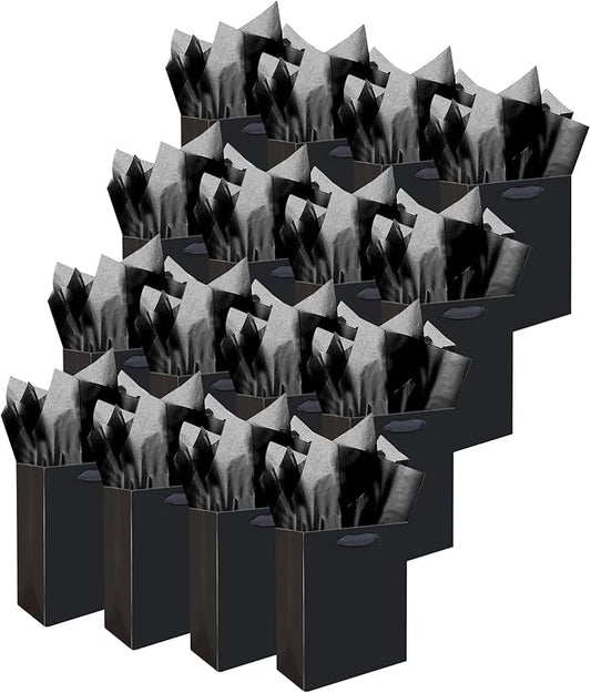 Gcardist Black Gift Bags with Tissue Paper for Wedding, Birthday, Party Supplies - 7.9"x4.3"x9.6" Medium Size Cardboard Gift Bags (16pcs + 32pcs Tissue Paper)