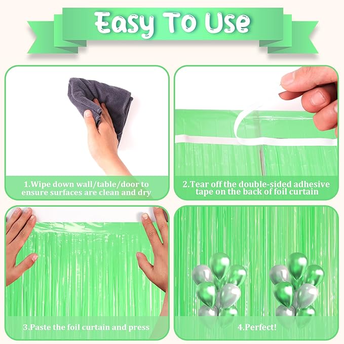 3 Pack 3.3 x 8.2 ft Pastel Green Foil Fringe Backdrop Curtains, Tinsel Streamers Party Decorations, Fringe Backdrop