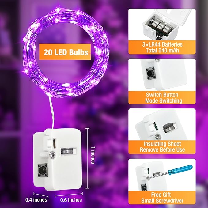 6 Pack Fairy Lights Battery Operated - 7ft 20 Led Twinkle Lights 3 Modes, Bulk Mini String Lights Waterproof for Halloween Holiday Mason Jars Vases DIY Decoration Christmas-Purple