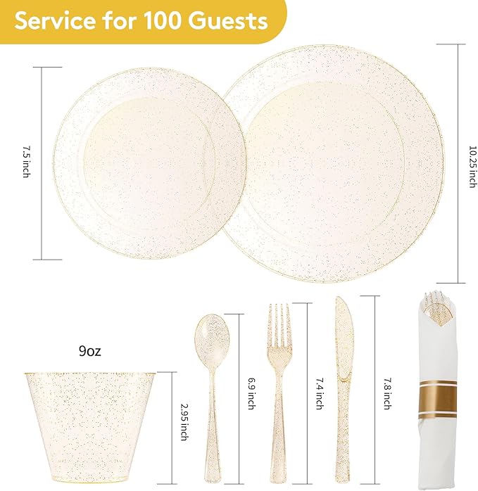 Goodluck 700 Piece Gold Glitter Plastic Dinnerware Set for 100 Guests, Disposable Plates for Party, Include: 100 Dinner Plates, 100 Dessert Plates, 100 Pre Rolled Napkins with Silverware, 100 Cups