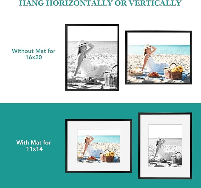 TWING 16 x 20 Picture Frame Set of 6, Classic Picture Frames Display Pictures 11x14 with Mat or 16x20 Without Mat, Wall Mounting Home Decor Collage Photo Frames Poster Frame Black Composite Wood