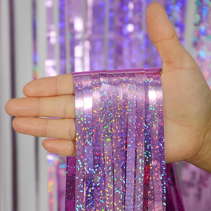Melsan 2 Pack 3.2 ft x 8.2 ft Tinsel Foil Fringe Curtains Backdrop, Sparkle Metallic Foil Curtains for Party Photo Booth Props Decoration, Pinkish Purple
