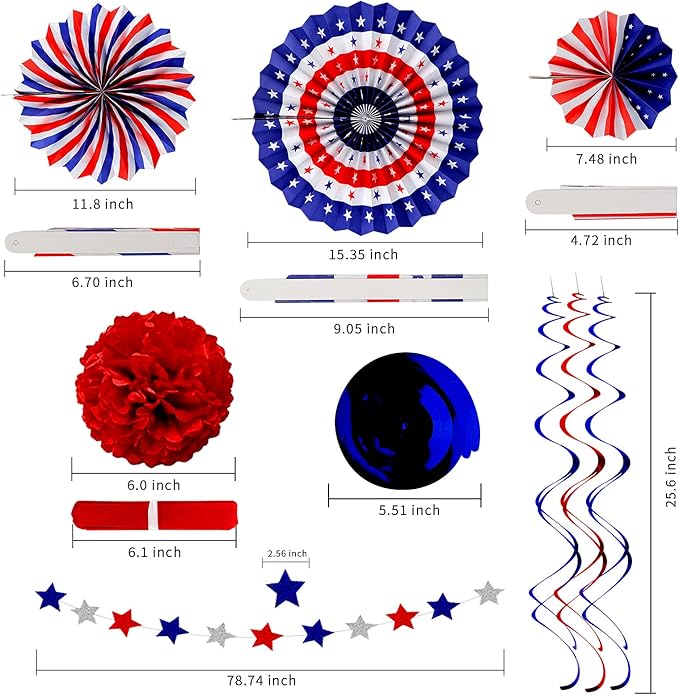 26Pcs 4th of July Decorations Patriotic Decor USA Flag String Red White Blue Paper Fans Star Streamer Pom Poms Hanging Swirls for Memorial Day,Fourth of July,Armed Forces Day,Flag Day