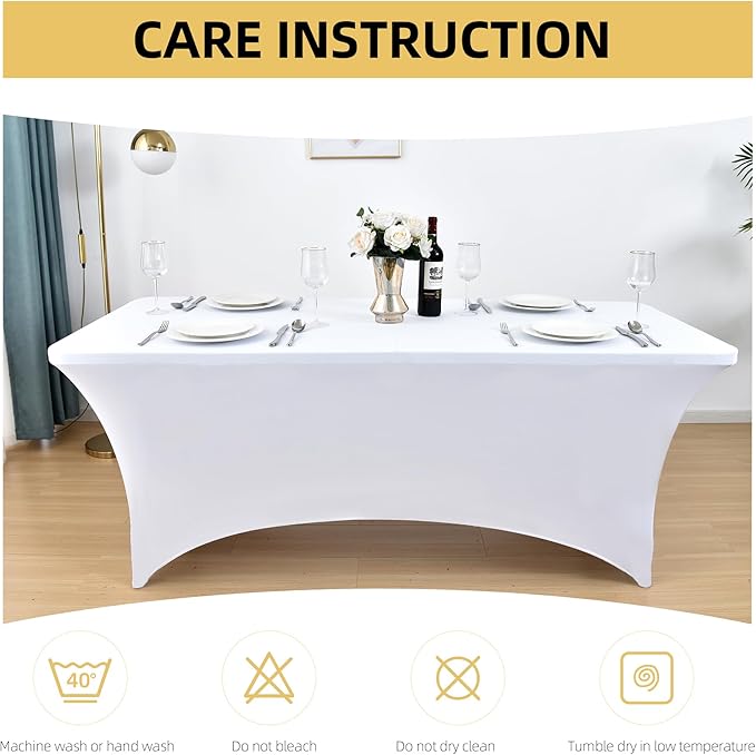 6-Pack 4ft White Spandex Table Covers for Rectangular Folding Tables - Wrinkle Resistant Stretch Tight Table Cloths - Ultimate Fitted Table Protector for Parties, Trade Shows, and Wedding