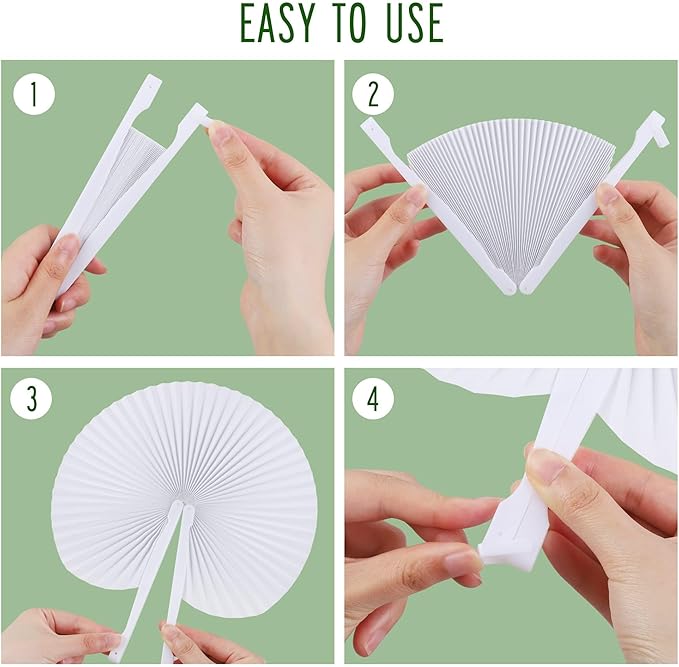MCEAST 160 Pack Folding Wedding Paper Fans White Handheld Folding Fan Round Shaped Wedding Fans with Plastic Handle for Wedding Birthday Party Favors Supplies Home Decoration (Round)