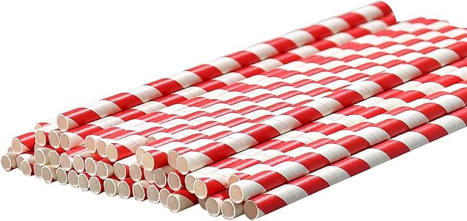 Disposable 7.75 inch Red White Striped Paper Straws Biodegradable 100 Counts - for Drinking, Cocktail, Decoration, Party, Crafts