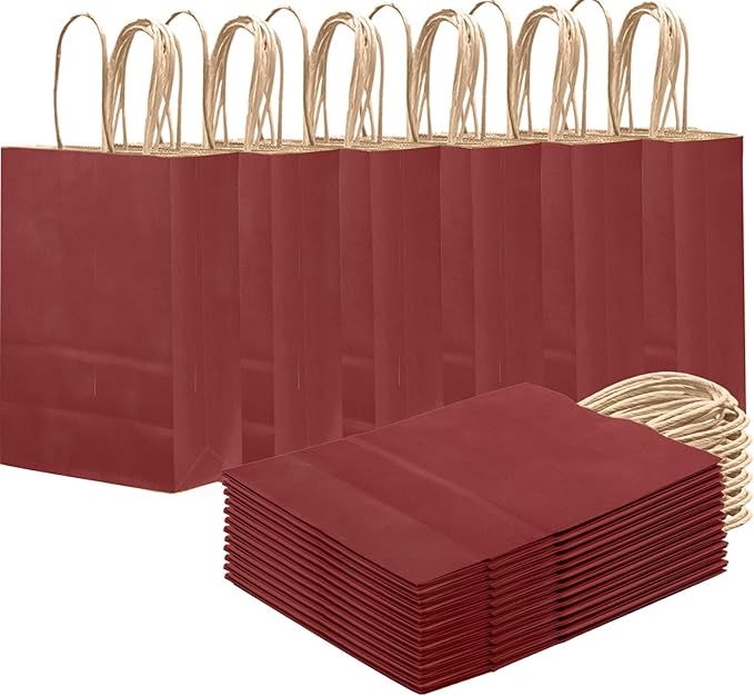 qiqee Brown Red Gift Bag with Handles Bulk 24Pcs Paper Bags -8.3"x6"x3. 15" Party Favor Bags - Solid Color