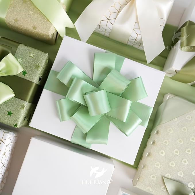 HUIHUANG 1-1/2 inch Double Face Satin Ribbon, Polyester Satin Sage Green Ribbon 50 Yards/Roll for Gift Wrapping Bows Making Floral Bouquet Wedding Invitation Decor Party Favor and Craft Supplies