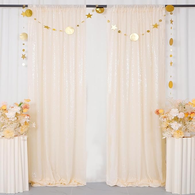 ShinyBeauty Ivory Backdrop 2FTx8FT Sequin Curtains 8 Pieces Photo Backdrops Glitter Photograph Background Beige Curtain Panles for Birthday/Baby Shower/Prom Decorations