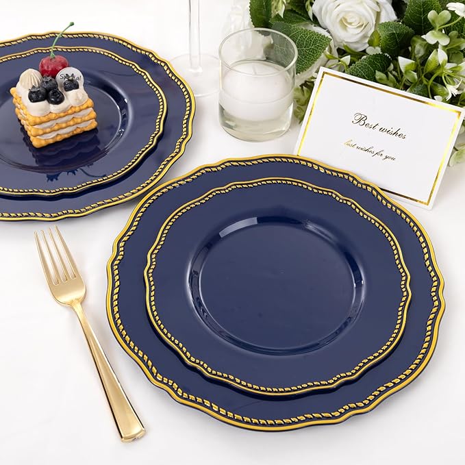 Hioasis 60pcs Blue Plastic Plates - Blue and Gold Disposable Dinnerware with Gold Rim, Heavy-duty, 10.25 inch, Dinner Plates for Party & Wedding