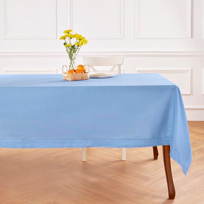 Solino Home Cornflower Blue Linen Tablecloth 60 x 108 Inch - 100% Pure Linen Hemstitch Table Cloth for Rectangle Tables - Classic Hemstitch, Machine Washable Tablecloth for Christmas, Holiday