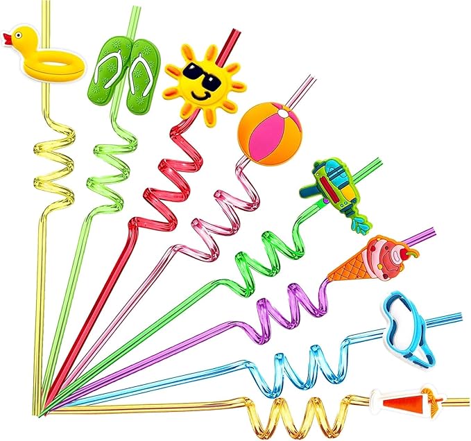 24Pcs Beach Drinking Straws Beach Ball Pool Summer Birthday Party Supplies Decorations with 2Pcs Cleaning Brushes