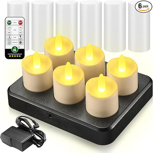 HL Flameless Candles with Remote Timer, 100+Hours Rechargeable Waterproof Outdoor Candles Tea Lights with Charging Base, Warm White LED Votive Floating Tealights for Festival Wedding Party Decor-6pc