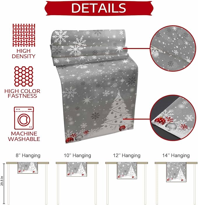Christmas Snowflakes Cotton Linen Table Runner for Dining Kitchen, Xmas Tree Snow Winter Wedding Outdoor Party Tablerunners Decoration, Grey Balls Dresser Scarf Coffee Tablecloth Runners 13x108 Inches